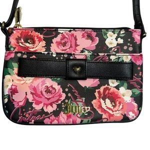 Juicy Couture Floral Crossbody Bag‎ Y2K Black Bow Adjustable Strap Small Pink